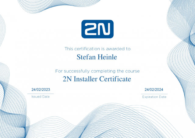 2N Installer Certificate Stefan Heinle