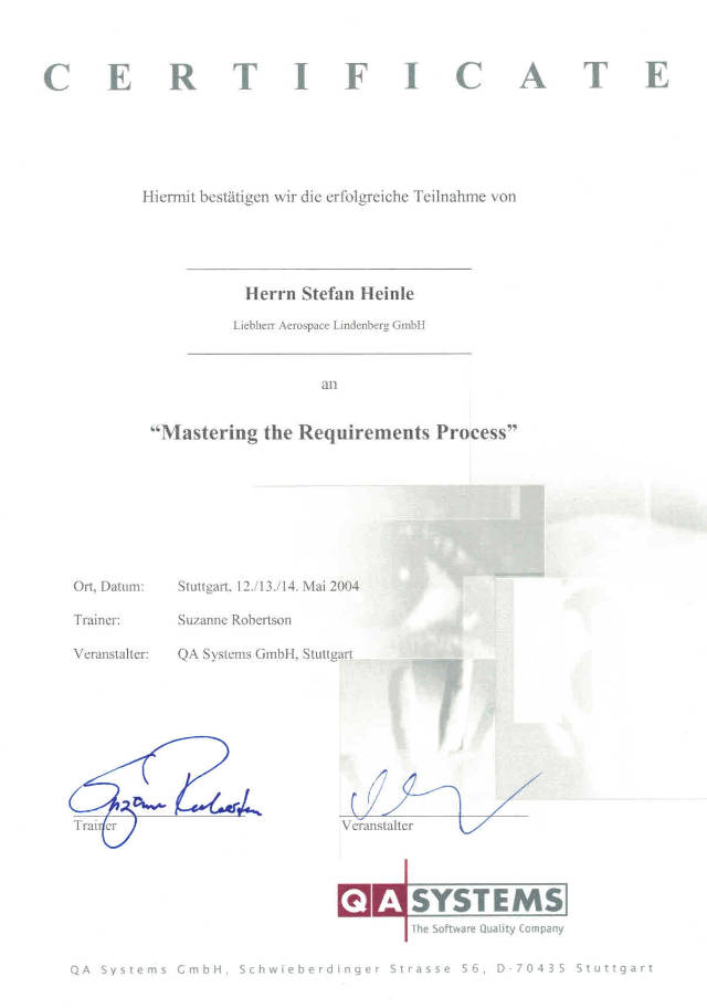 Zertifikat Requirements Stefan Heinle