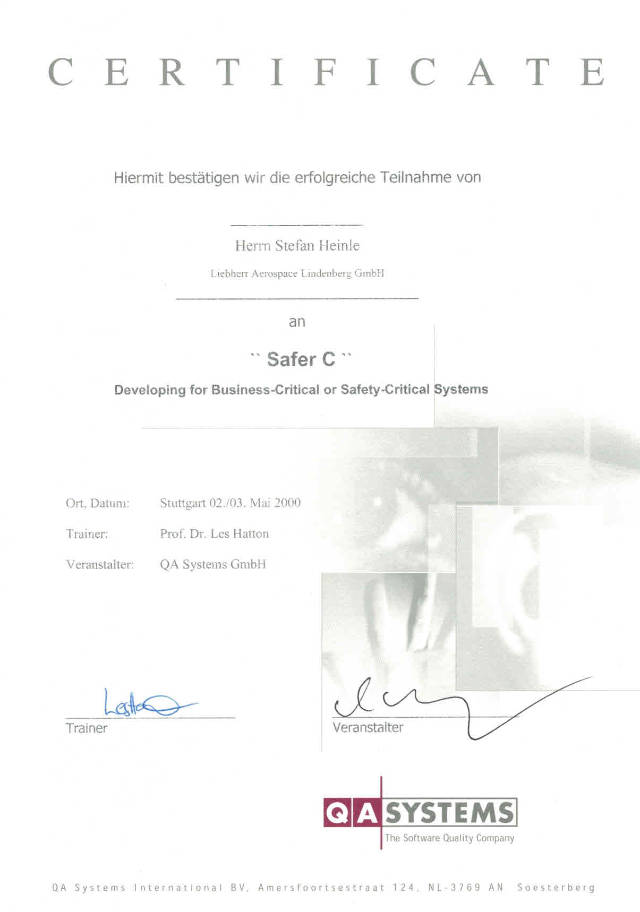 Zertifikat Safer C Stefan Heinle